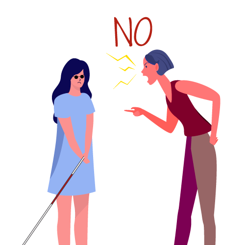 mujer diciendo NO a niña con bastón guía