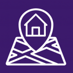 Logo de la app morada, mapa con una casa al centro de color blanco con fondo morado