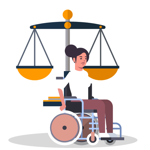 imagen mujer usuaria de silla de ruedas con balanza de la justicia