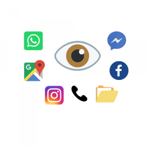 Un ojo al centro de la imagen rodeado de los diferentes iconos de redes sociales. 