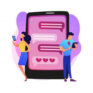 Dos personas, un hombre y una mujer, recargados en un celular a gran escala, que muestra una conversación al final signos de pesos. 